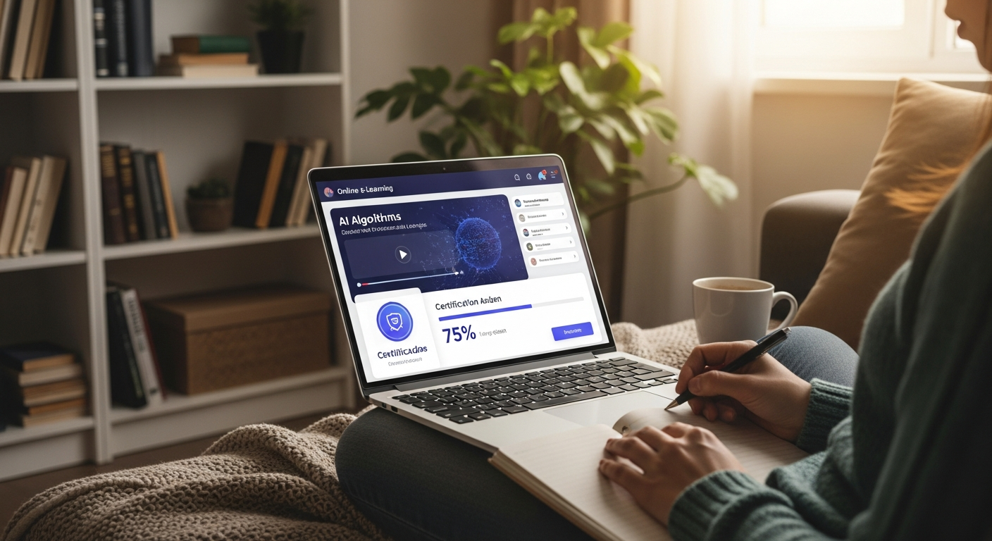 Online professional AI certification study on laptop, self-paced flexible learning